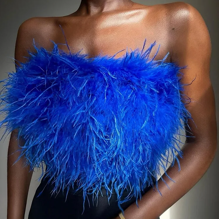 Fashion Women Ladies Summer Ostrich Feather Fur Top Feather Corsets Party Ostrich Feather Crop Tops