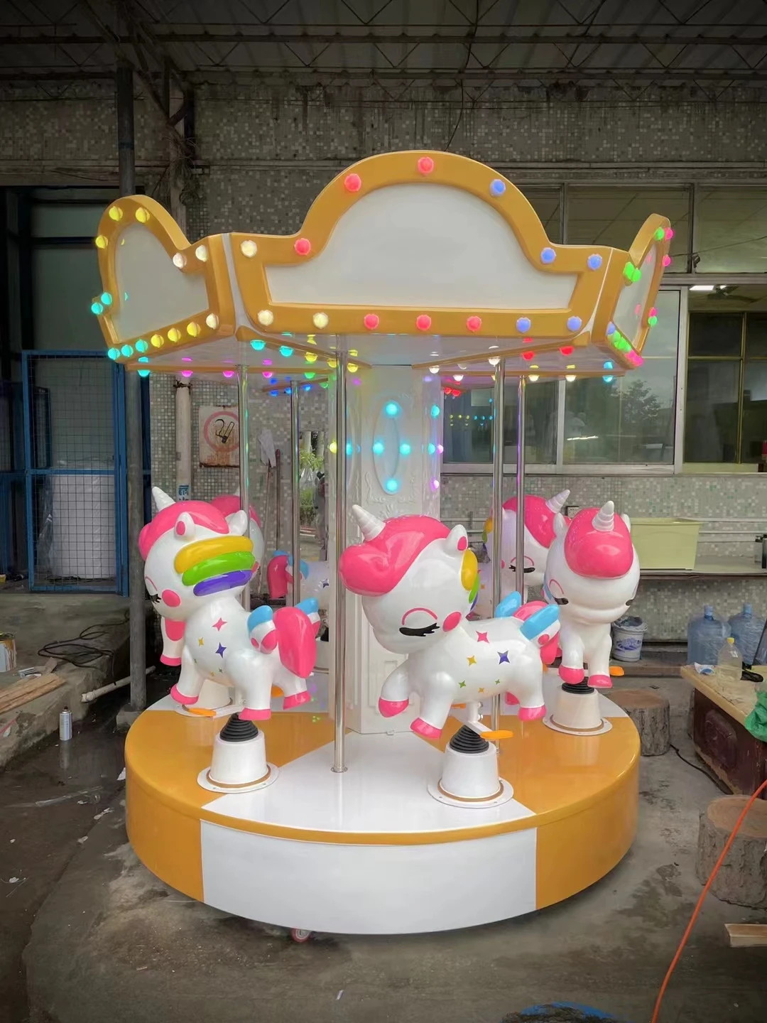 Coin operated three people horse carousel vintage kiddie ride game machine