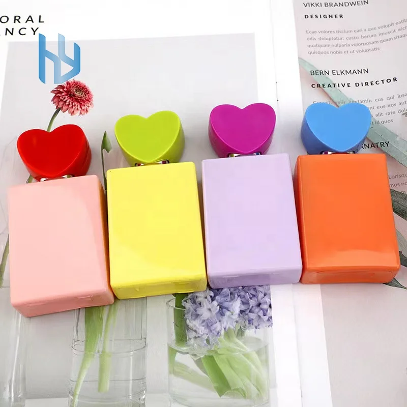 in stock 30ml square Heart shaped Macaron colored glass perfume spray bottle Beautiful cosmetic perfume bottle