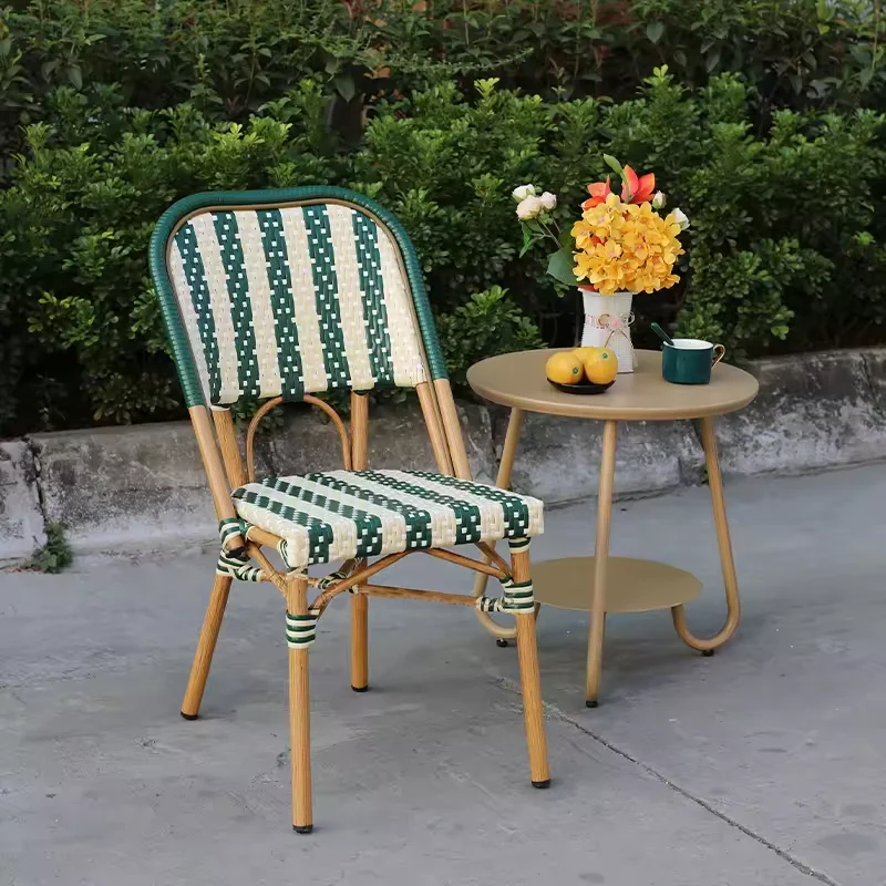 Patio Stacked French New braided striped bistro rattan chairs Aluminum wicker garden chairs made of pe rattan