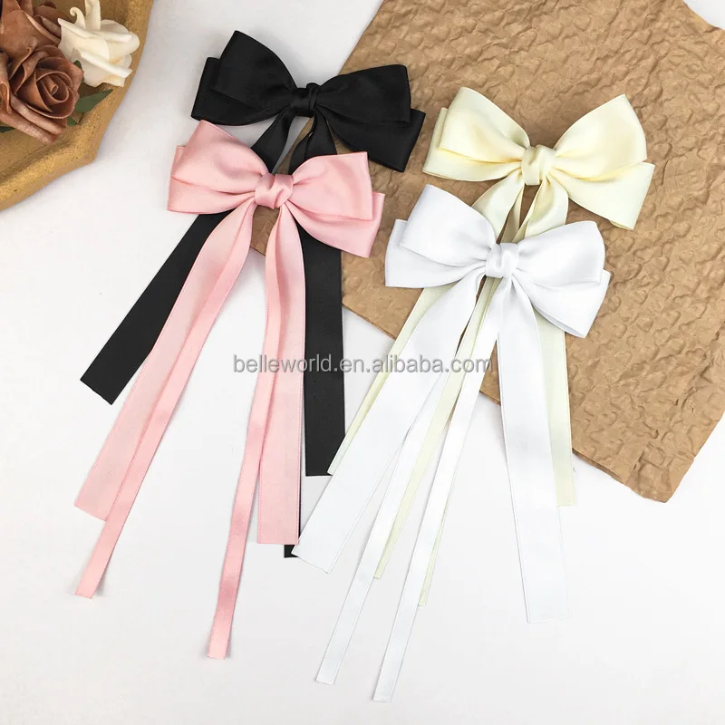BELLEWORLD customized logo women girls elegant smooth handmade satin ribbon bow hairpins two-layer long ribbon bowknot hair clip