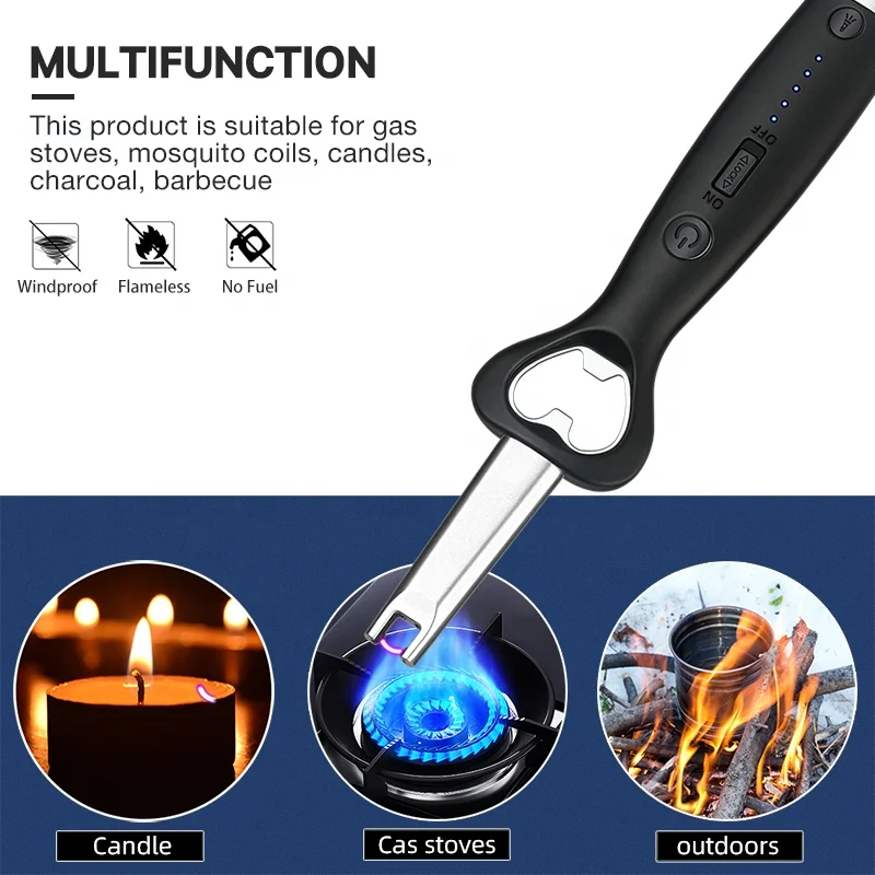 Outdoor camping led usb usb electric bbq stove candle lighter with beer bottle opener