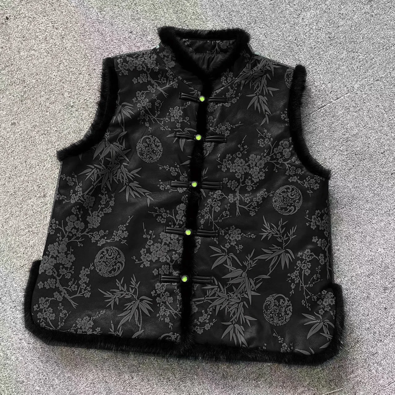 Neo Chinese Style Fashion Women Warm Vest Mink Fur Silk Cotton Filling Sheepskin Leather With Printing Waistcoat