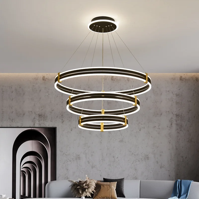Nordic Black Aluminum Ring AC85-265V Home Office Smart LED Hanging Chandeliers Ceiling Luxury