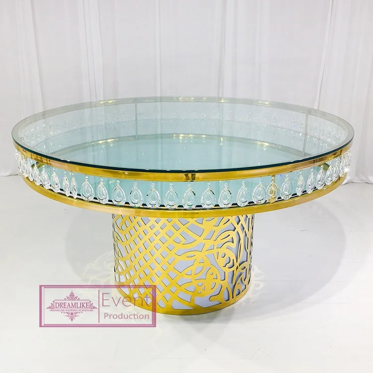 Высококачественный круглый обеденный стол из нержавеющей стали со стеклянной оправой и золотом, свадебный стол с прозрачными кристаллами