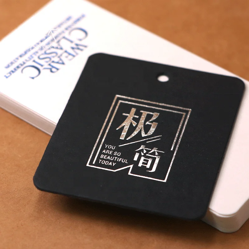 Custom Luxury Silver Foil Stamping Hangtags Apparel Bag Clothing Swing Shoe Tags Black Card Hang Tags Garment Labels