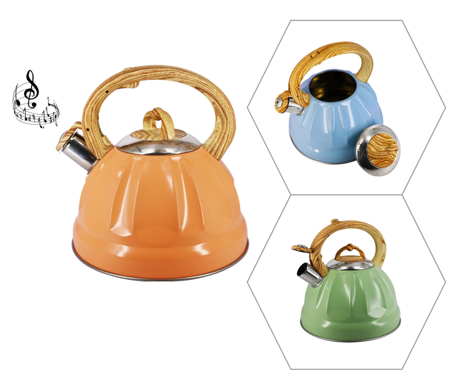 3L Stovetop Wood Pattern Handle Tea Pots Colored Kettle with Whistle Stainless Steel Whistling Tea Kettle