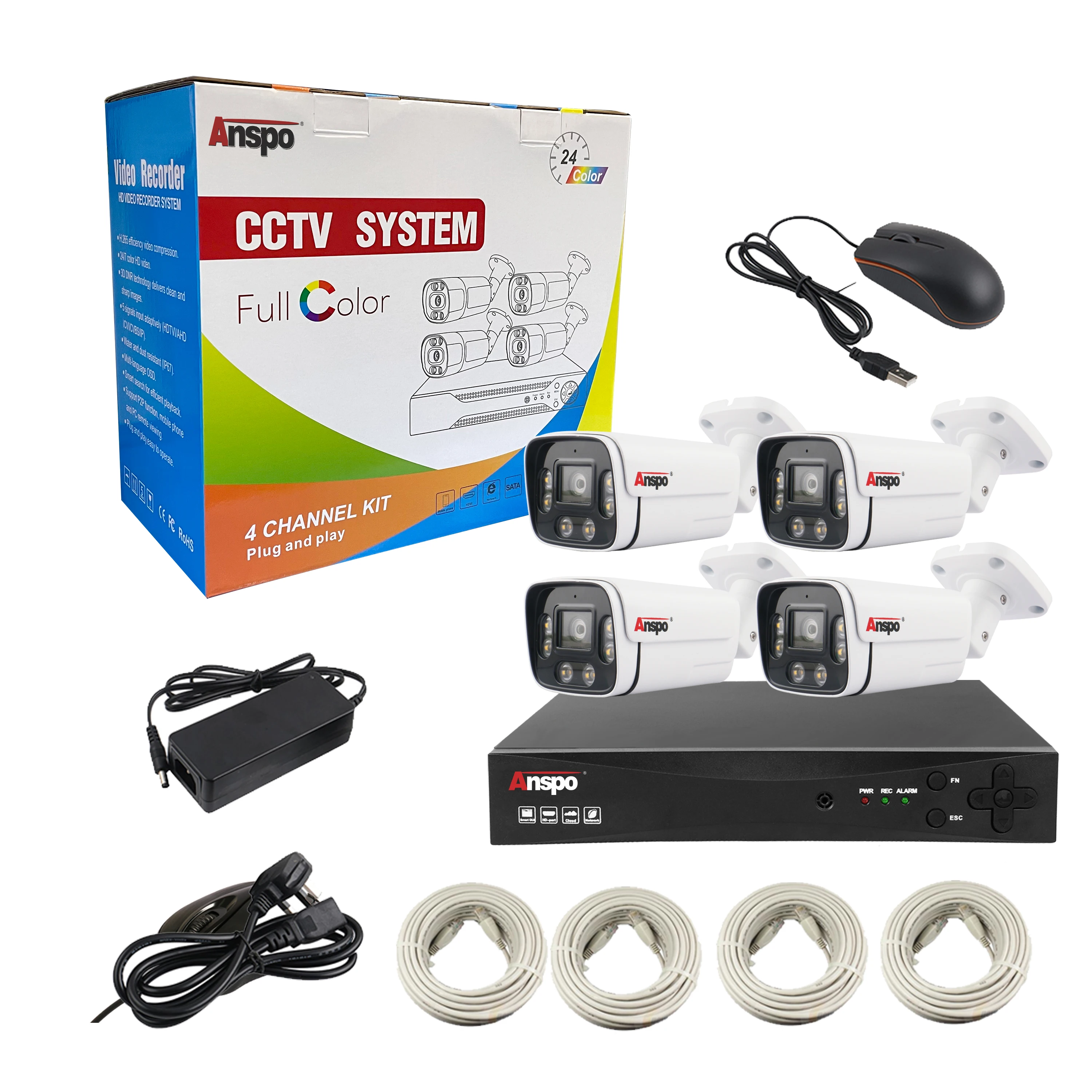 Anspo 5MP H.265 4CH POE Security Surveillance Camera System Kit full color night Motion detection Record IP Home CCTV Video NVR