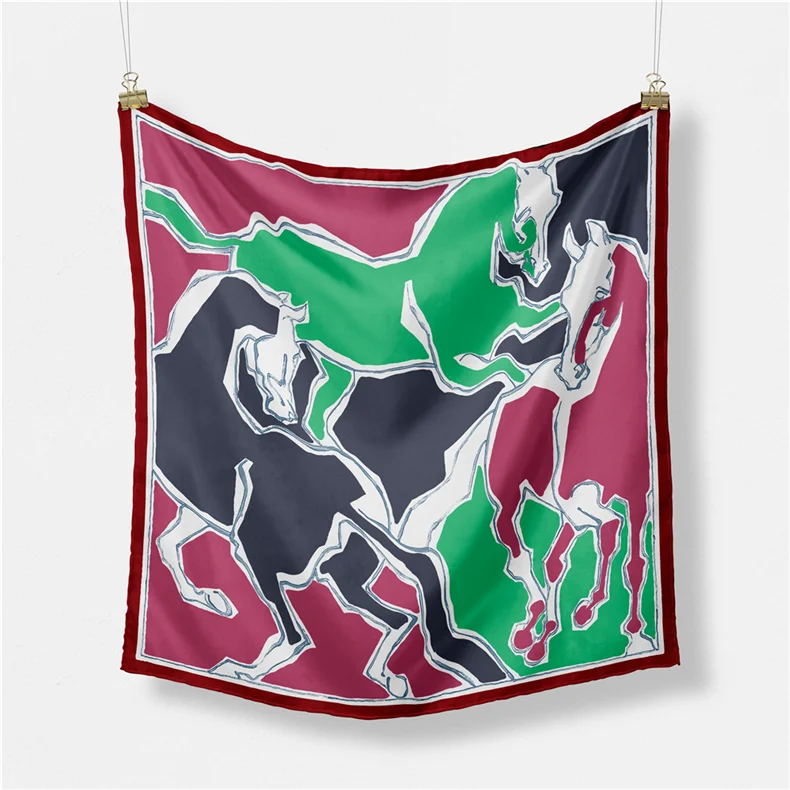 High-end Korean Style Silk Scarf Hair Wrap Bandana Silk Handkerchief Custom Design Printing Satin 53x53 Pink Color Hijab Shawl