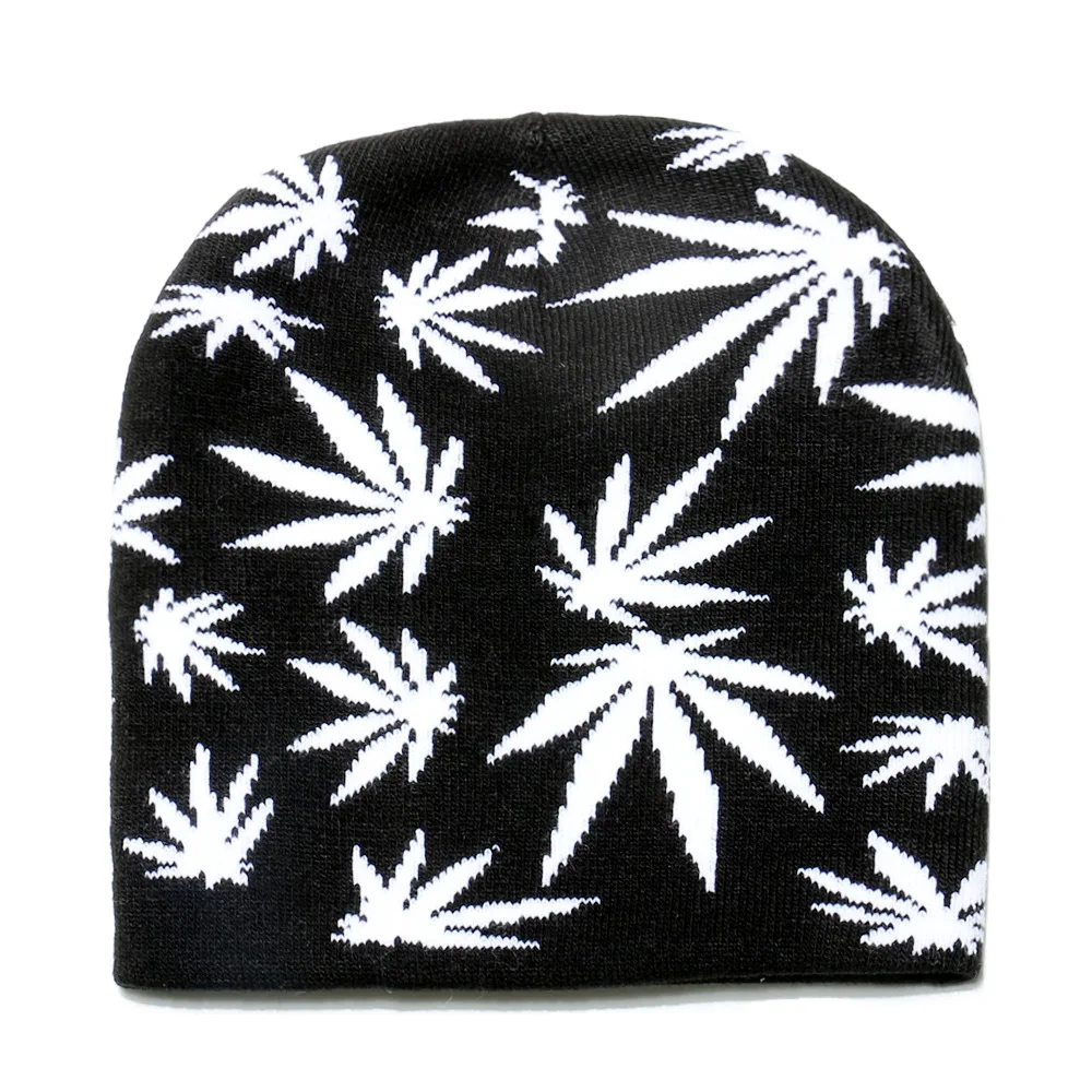 2024 New Men Women Hip Hop Autumn Winter Colorful Green Marijuana Weed Leaf Jacquard Brimless Knitted Warm Beanie Hat for Unisex