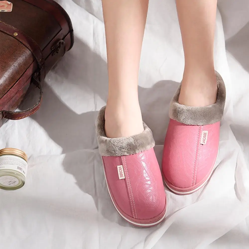Unisex Leather Fabric Waterproof Indoor Outdoor Pu Plush House Cotton warm Women Winter Slipper