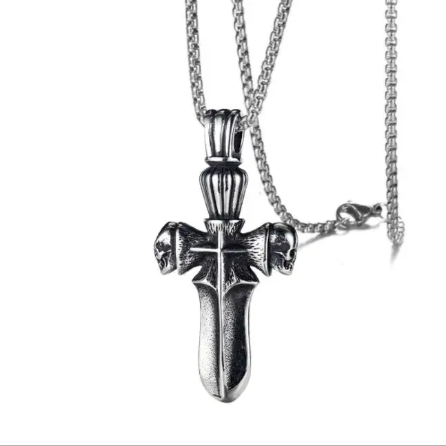 Long clothing accessories European and American personality cross skull sword men titanium steel necklace