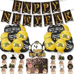 2022 Happy New Year Balloons  Gold Black Banner Photo Booth Frame Props Balloons  Garland New Year Party Supplies