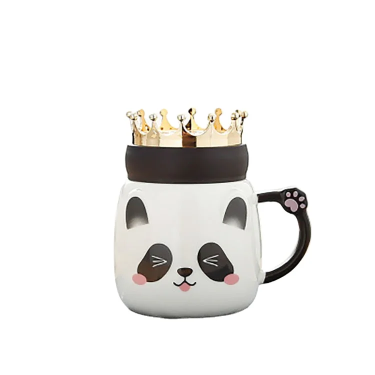 cute creative panda ceramic mug with crown cover cartoon sealed leak-proof mug