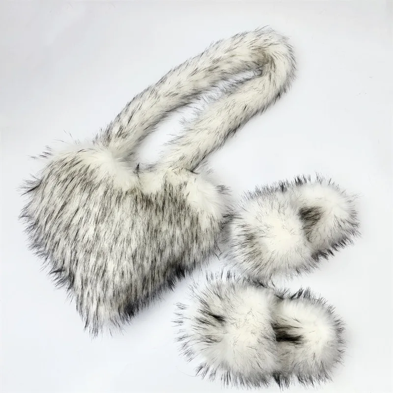 J&H wholesale fashion fur slippers women faux Raccoon fur bags Y2K ladies fashion matching shoes and bags set