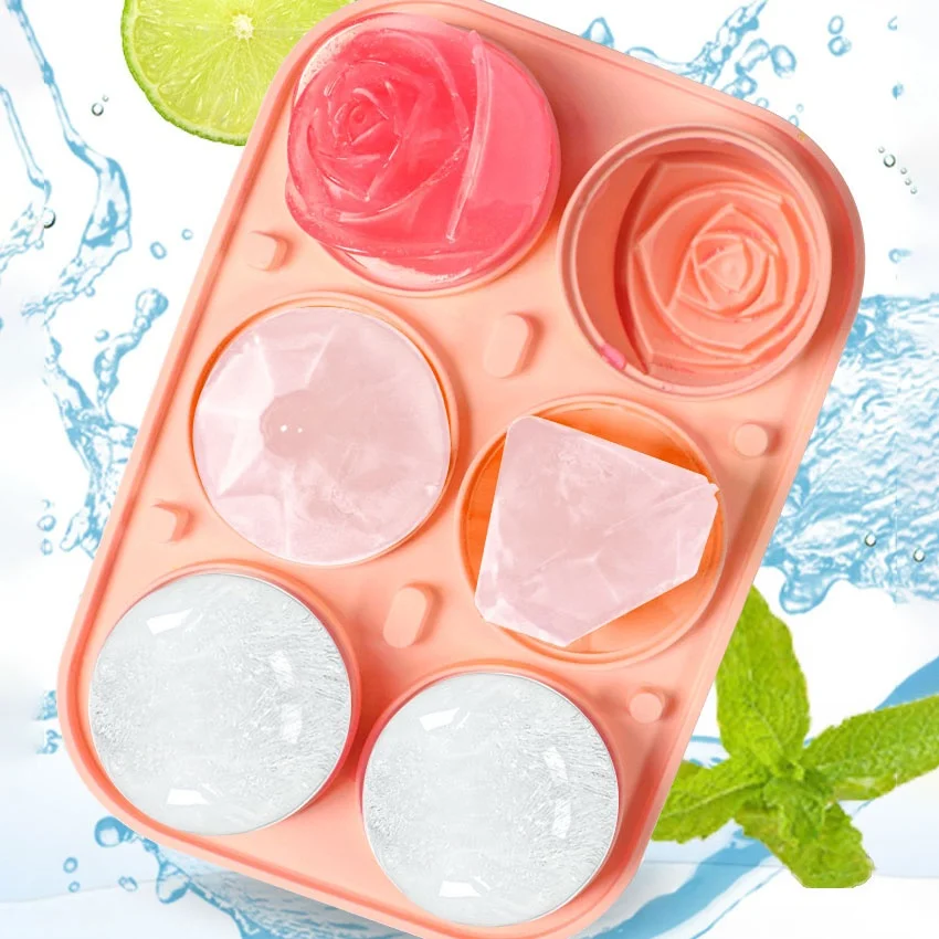6 Holes Food Grade Rose Diamond Iced Making Mould Custom Logo Silicone Ice Cube Tray Pink Ice Ball Mold