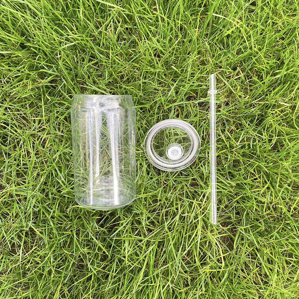 USA warehouse clear transparent 16oz plastic acrylic soda can cup Coffee Mug with clear straw and lids for UV DTF wraps vinyl