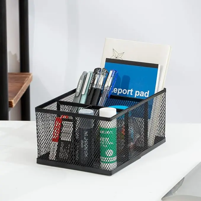 Mesh Desk Organizer Office Supplies Pencil Holder Storage Baskets for Desktop 4 Compartments