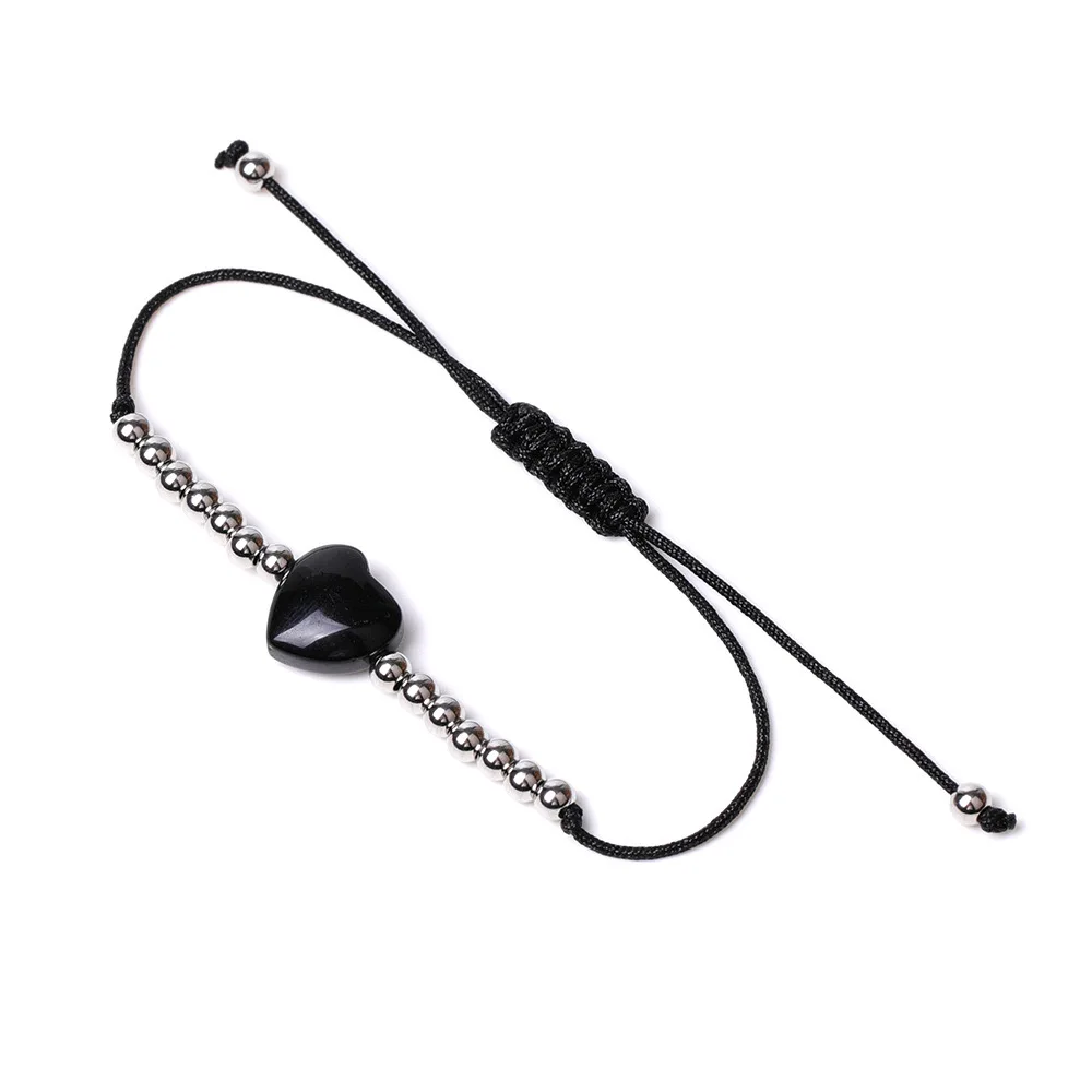 Simple 4mm stainless steel bead ball nature stone heart shaped charm pendant bracelets adjustable rope woven bracelet for woman
