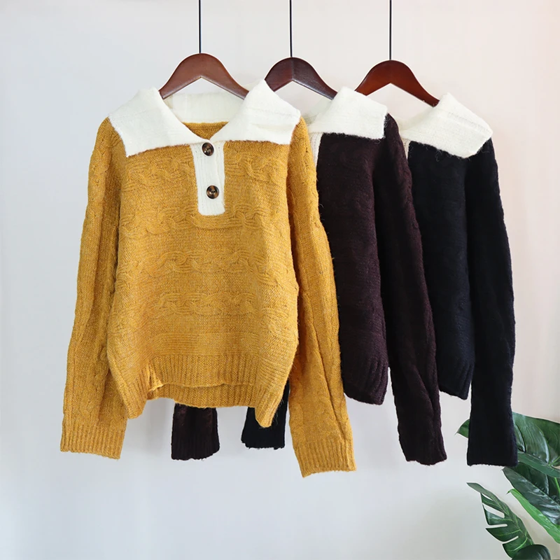 Autumn Winter Turn-down Collar Knitted Sweater Women Cable Color-block Knitwear Sweater Clothing With Collar