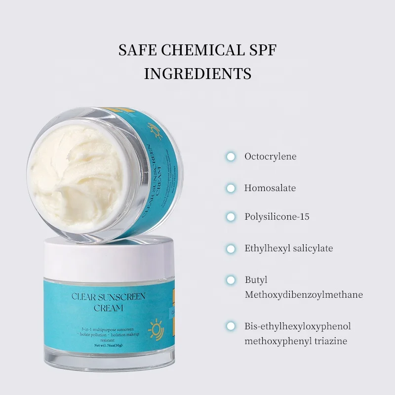 Clear SPF 50 Face Cream Sunscreen UVA/UVB Protection Sunblock Cream Whitening Spf Sunscreen Custom Logo 3 Years Unopened OEM/ODM
