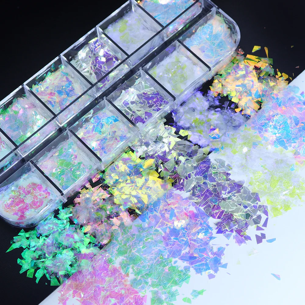 TSZS 12 Grids AB Mermaid Nail Sequins Shiny Ultra Thin Aurora Irregular Cellophane Fragments Symphony Cloud Brocade Nail Sequins