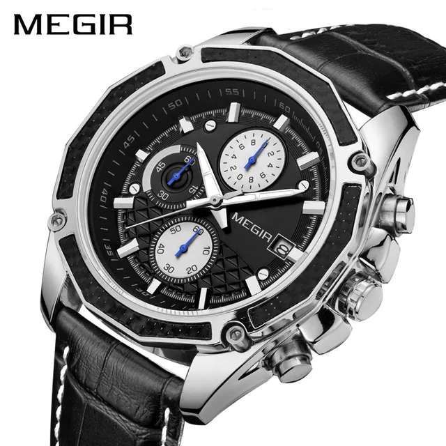 MEGIR 2015 Watch For Men High Quality Genuine Leather Band 3ATM Water Resistant Man Sport Analog Chronograph Quartz Watches