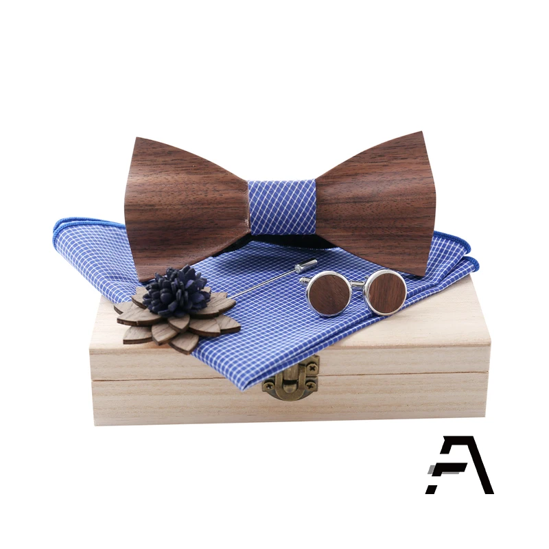 Mens Wood Bowtie Handkerchief Cufflinks Lapel Pin Set For Wedding