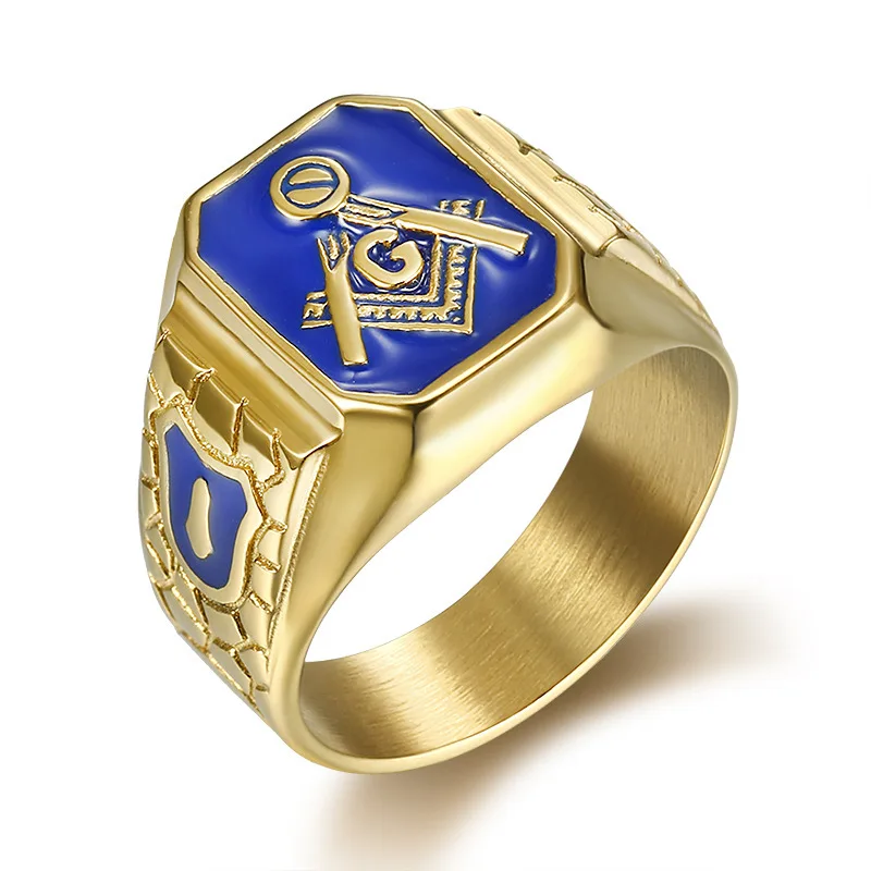 Flower Seven Jewelry F3122 Fashion Style Hip Hop Stainless Steel Gold Plated Blue Glue AG Men Ring High-Quality Jewelry As Gifts