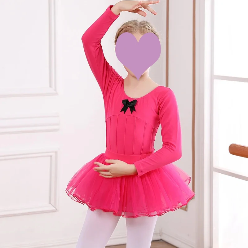 2pcs Ballet Dress Gymnastics Leotards for Girls Kids Long Sleeve Ballet Dancewear Chiffon Skirts Kids Bowknot Dance Leotards