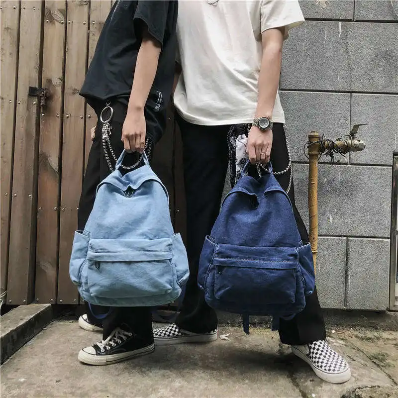 Fashion Lightblue Dark blue Jeans Outdoor Bag Travel School Bag Denim Women Mens Backpack