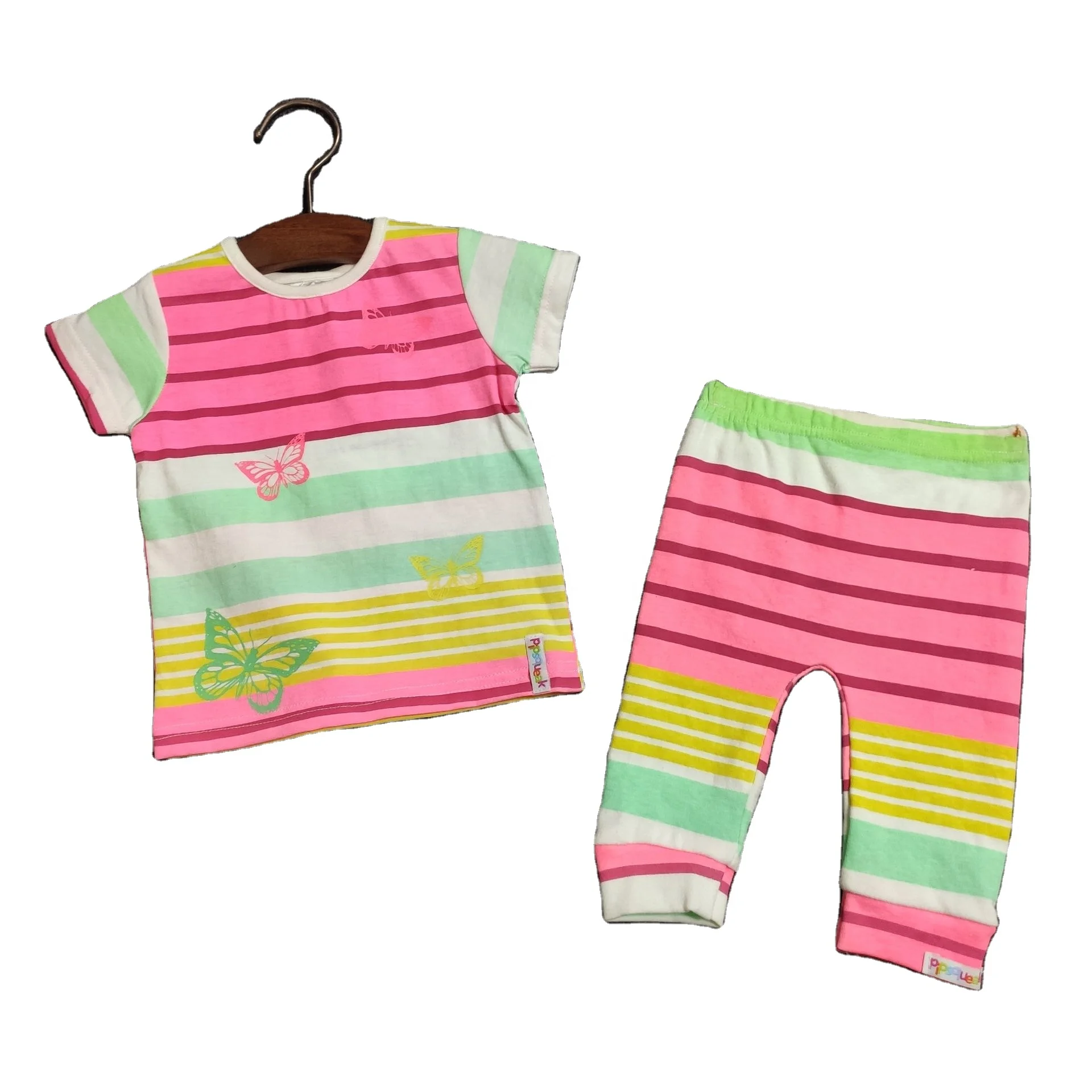 
Accepted custom logo 100% cotton soft breathable classic stripe short sleeve baby girl casual suit 