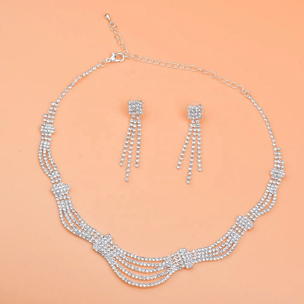 Wholesale Trendy Silver Rhinestone 5 Layer Jewelry Women Necklace & Earring