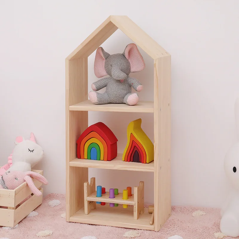 ins Nordic style house shape solid wood bookshelf shelf kids room home decoration shoe rack toy wooden storage rack