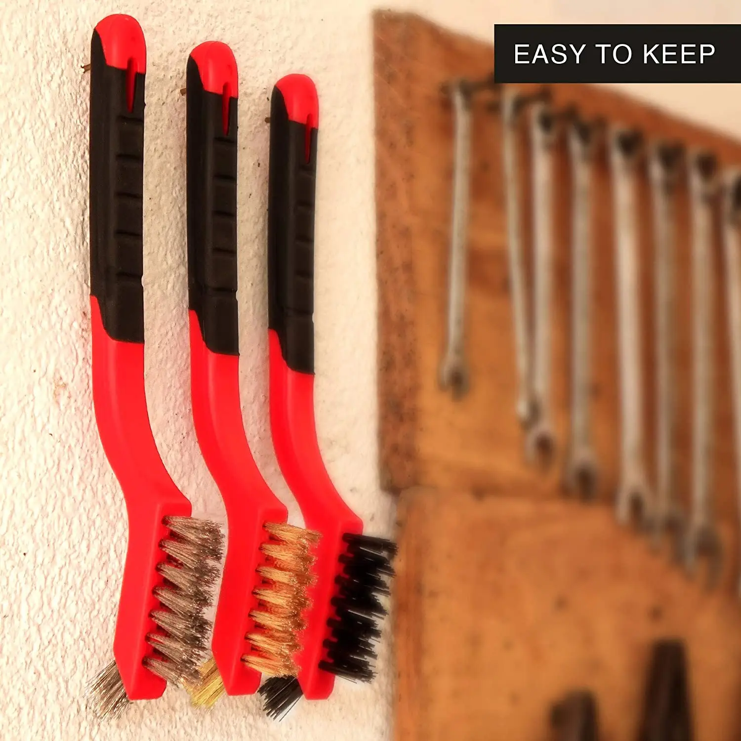 Wire Brush Set 3Pcs - Nylon/Brass/Stainless Steel Bristles with Curved Handle Grip for Rust