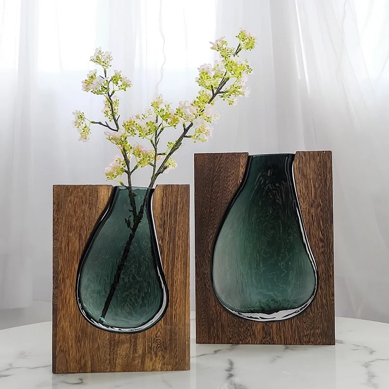 Unique Design Top Grade Square Wooden Frame Rectangle Double Bubble Vintage Florist Handmade Glass Rose Vase