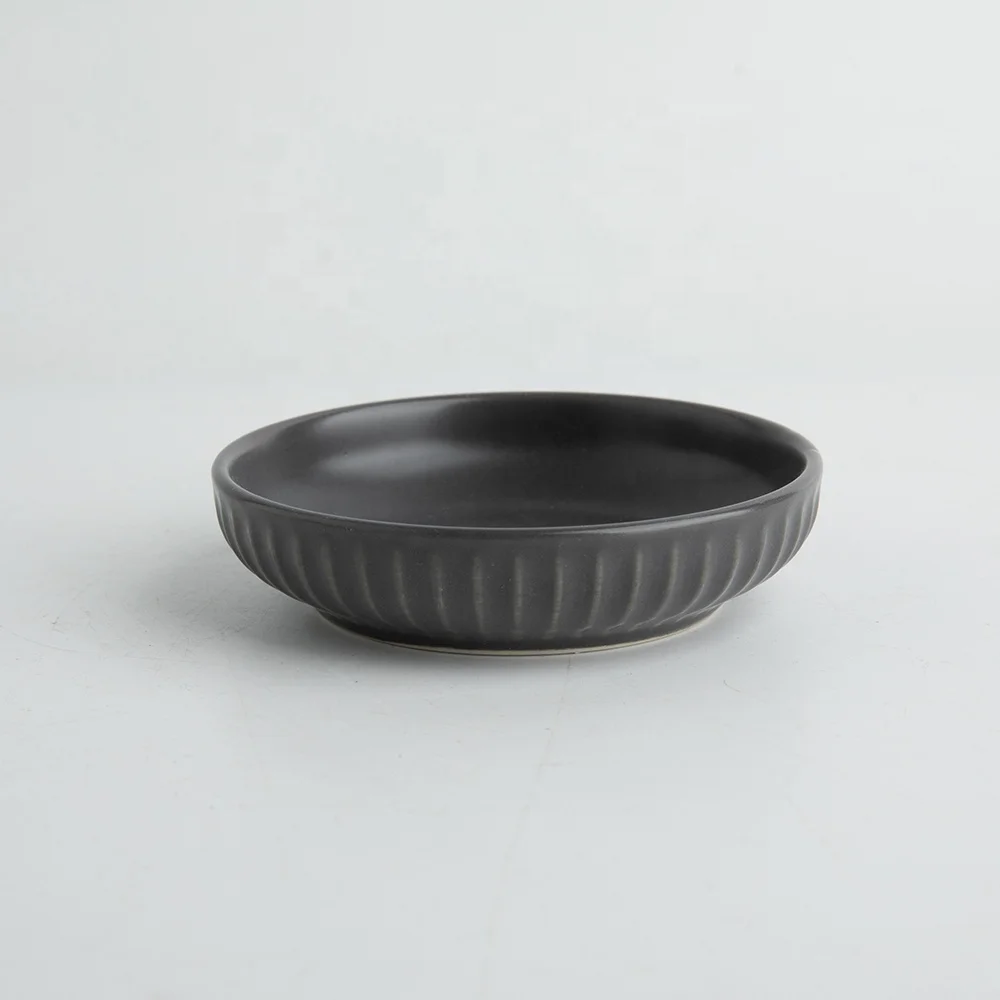 3.5-Inch Ceramic Round Dish Matte Dark Grey Color Glazed Ceramic Embossed Dinner Dish for Home Hotel Restaurant Wedding Party