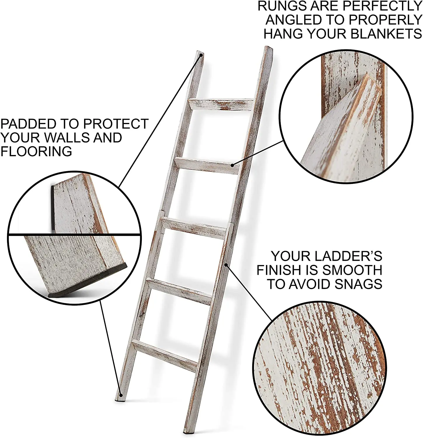 Farmhouse Home Decor Easy Assembly White Washed Rustic 5ft Wood Blanket Ladder
