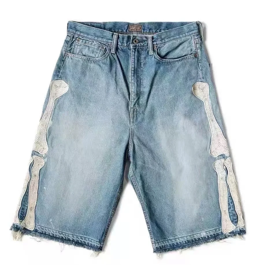 Custom men denim shorts with patch vintage washed blue jean shorts Y2K jeans with embroidery leather patch