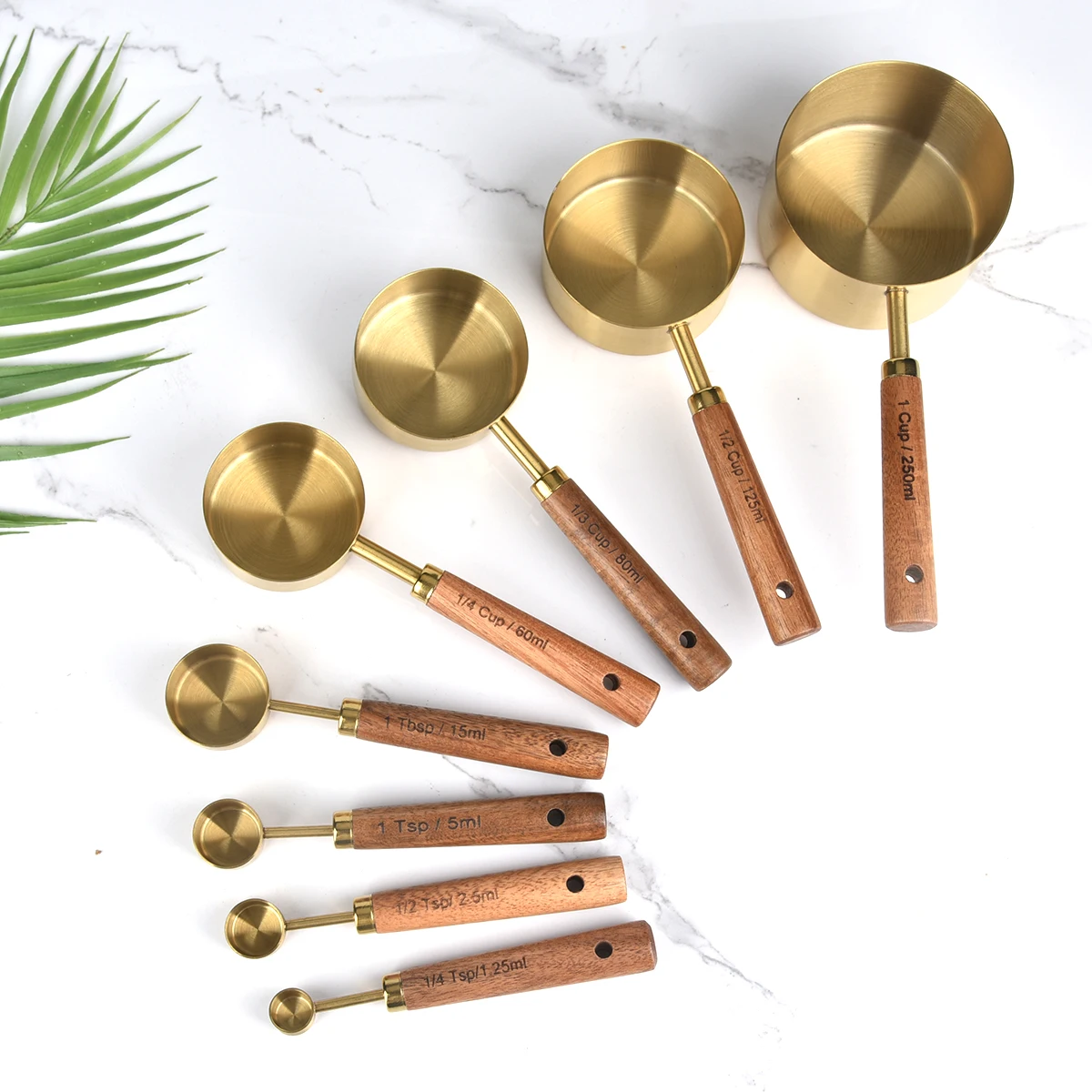 High Quality Measuring Cup And Spoon Set of 8 With Wooden Handle Stainless Steel Kitchen Measuring Spoon With Rose Coated