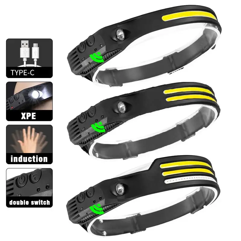 Sensor Headlamp COB LED Head Lamp Flashlight USB Rechargeable Head Torch 5 Lighting Modes Head Light