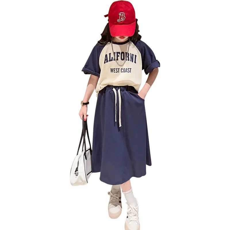 Explosive Model 2024 Summer Casual Children Clothes Set Short Sleeve Letter T-shirt Long Solid Skirt For 5-14 Years Old Teenager
