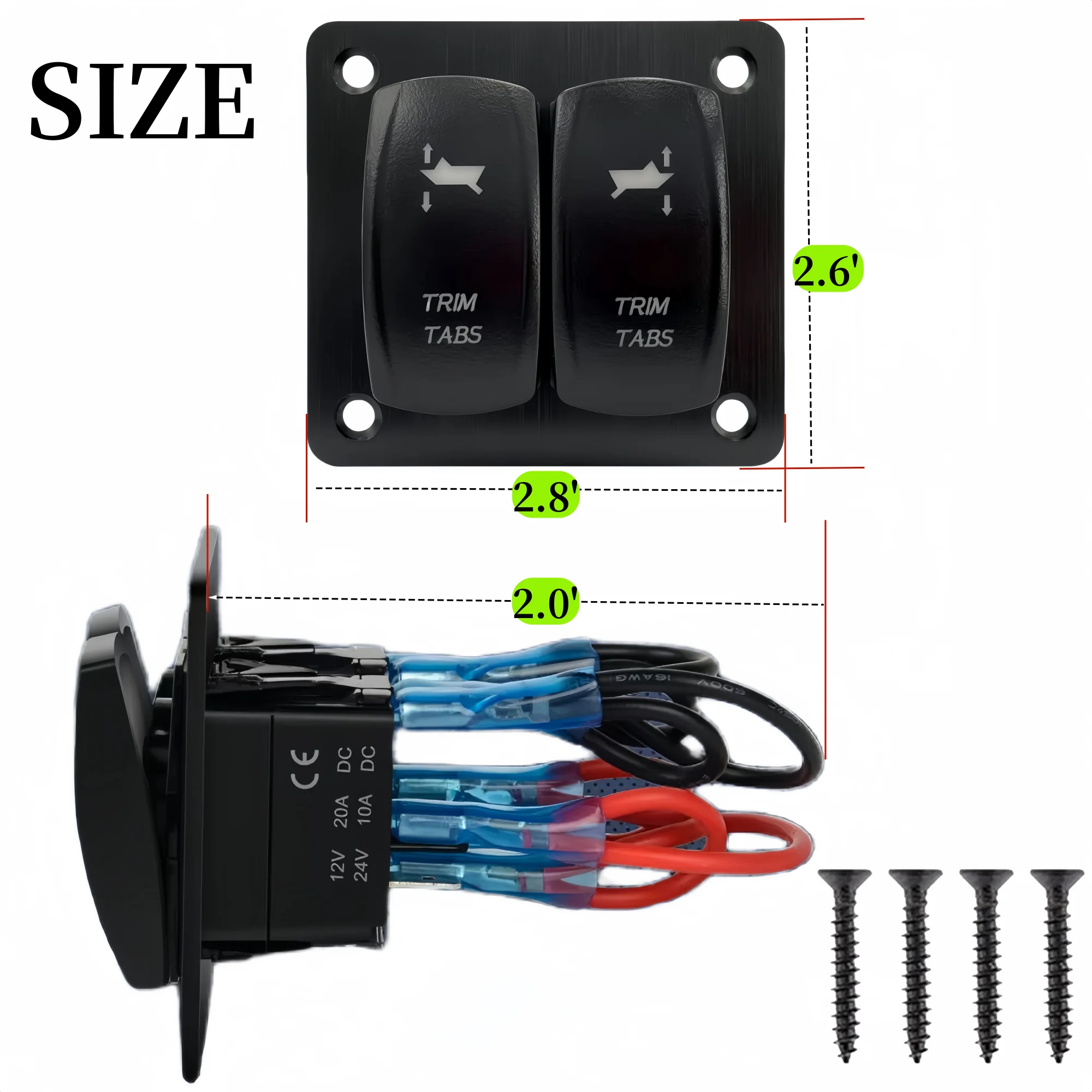 Trim Tabs Rocker Switch Panel 12v 20amp 10 Pin 3 Position ON-Off-ON Marine Boat Trim Switch 2 Gang Momentary Toggle Switch Panel