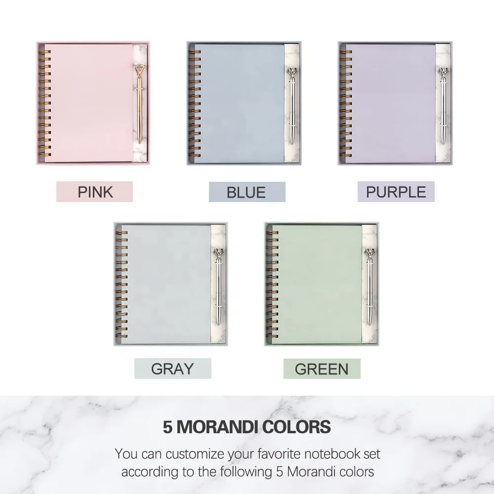 Wholesale High Quality Paper Logo Printed Note Book Stationary Green Spiral Coil Positivity Journal and Pen Set Notebooks