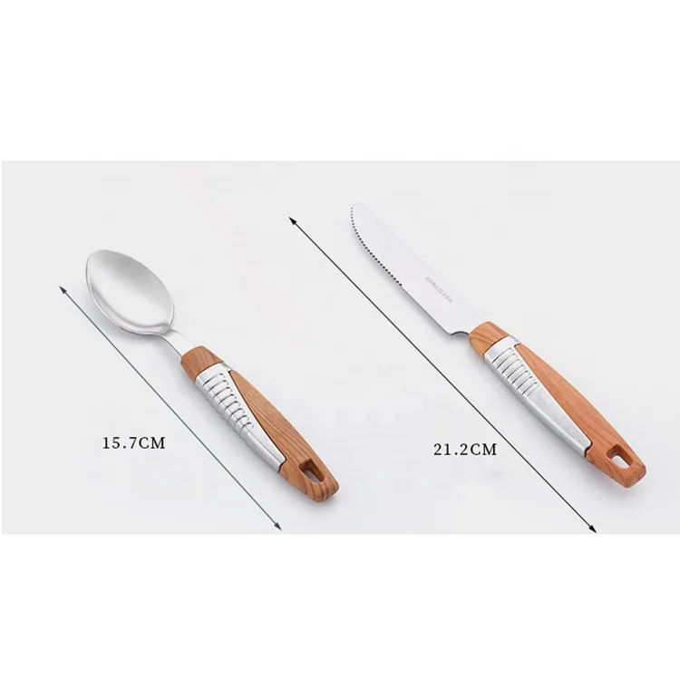 24pcs Dinnerware Wooden Handle Stainless Steel Flatware Set Knife Serve Fork Spoon Portable Tableware Set With Rack