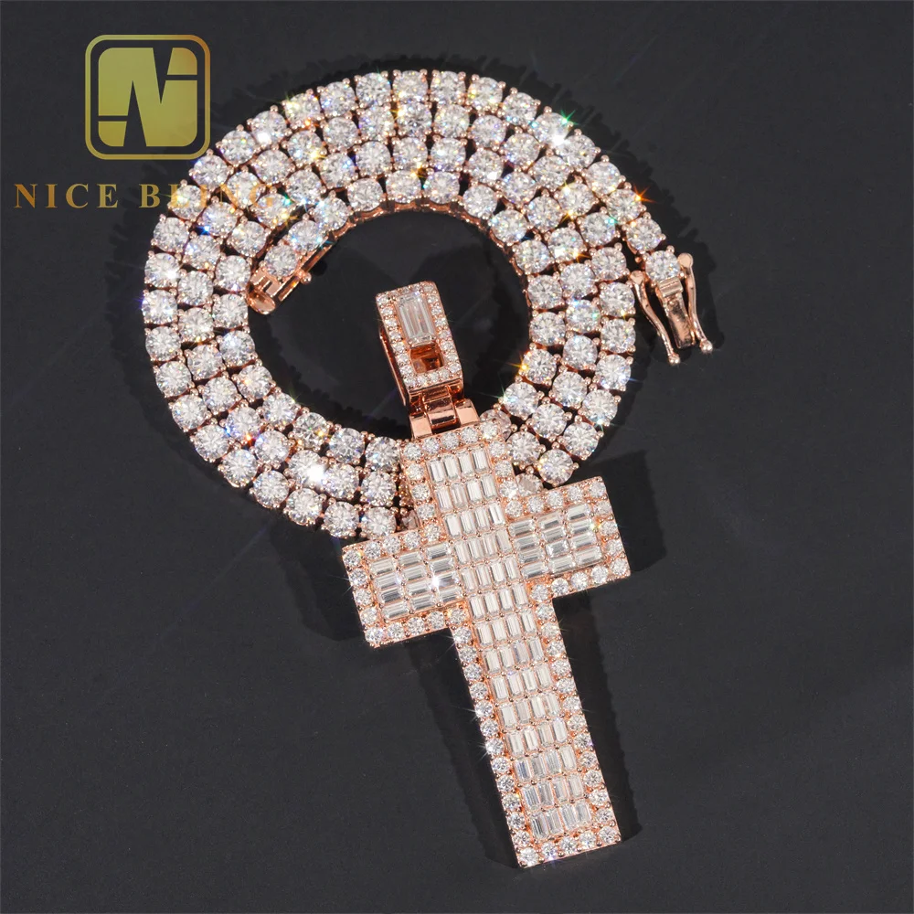 Iced out Jewelry Custom hip hop cross pendants 925 silver moissanite initial Charm pendant
