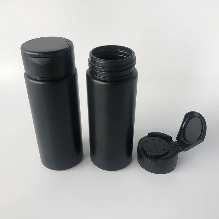 Wholesale empty 150ml black plastic baby talcum powder bottle, 150grams loose powder bottle container with flip top cap