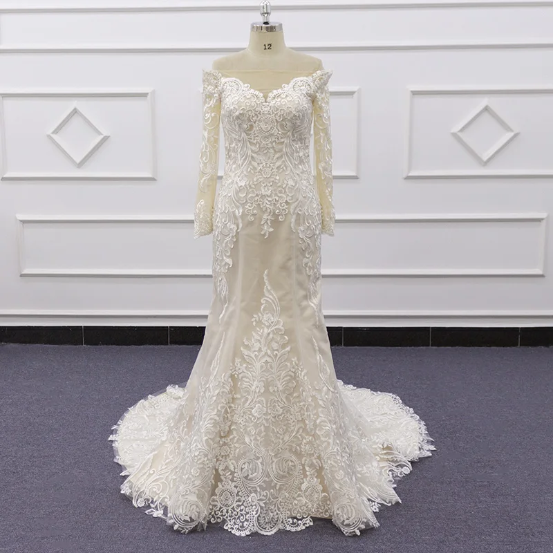 Eslieb SJ323 long sleeve  champagne  China wholesale Mermaid/Trumpet turkey wedding dress with fish tail