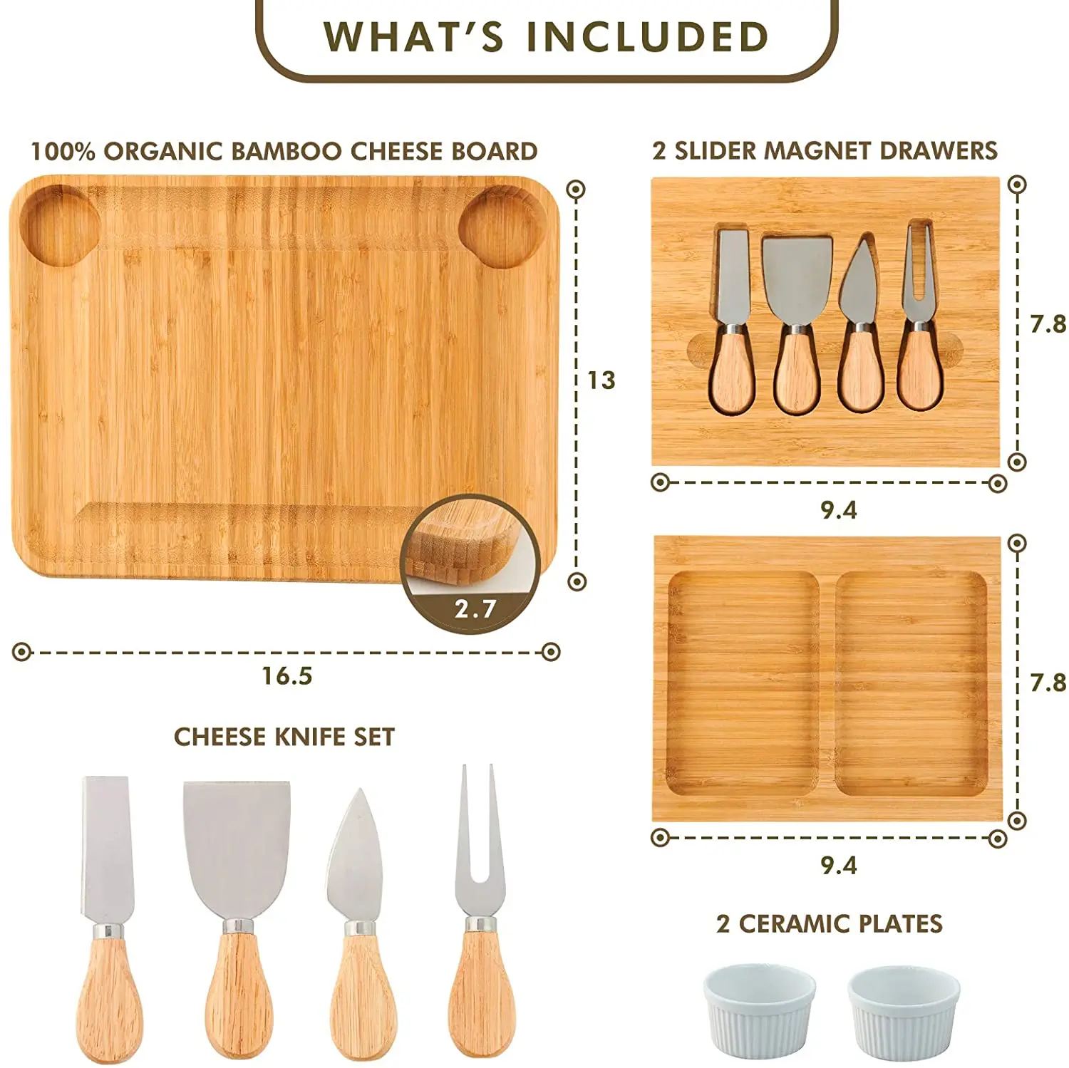Charcuterie Platter & Serving Tray, Bamboo Cheese Board & Cutlery Set with 2 Slide-Out Drawers and  Knives