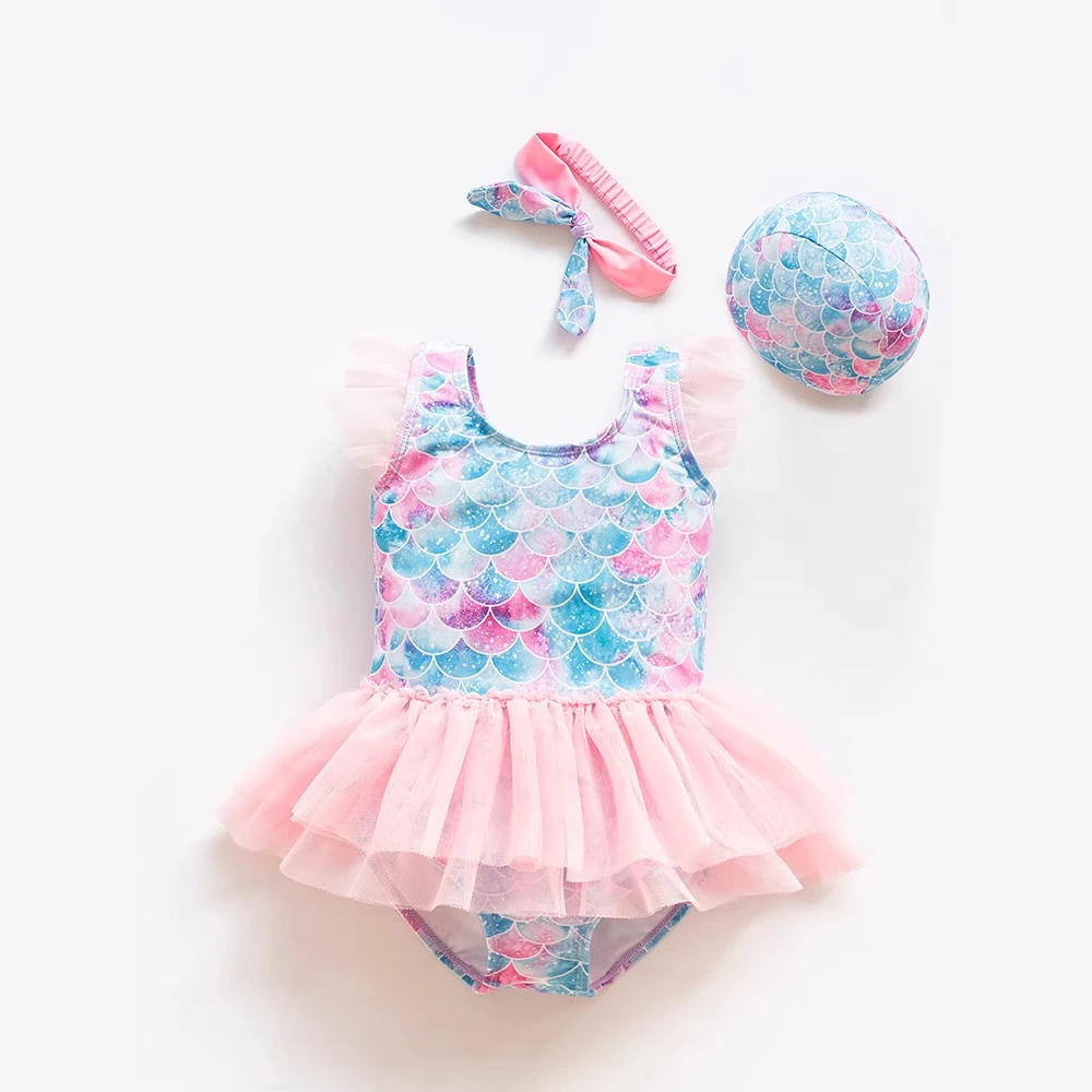 New Girl Baby Mermaid Swimsuit Princess Fashion Cartoon Fish Scale Print Ballet Dance One Piece Kids Sequin Tulle Swimsuits